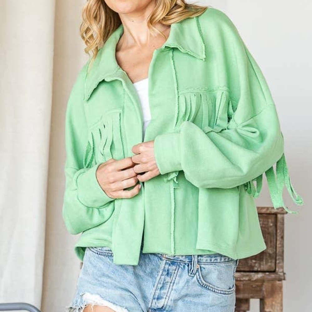 3/$30 BUCKETLIST Fringe Details Loose Fit Jacket Sage Soft Cropped Boho